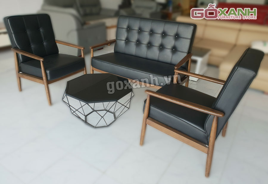 Ghế gỗ bọc da (simili cao cấp) Hàn Quốc, Bộ sofa gỗ sồi 2