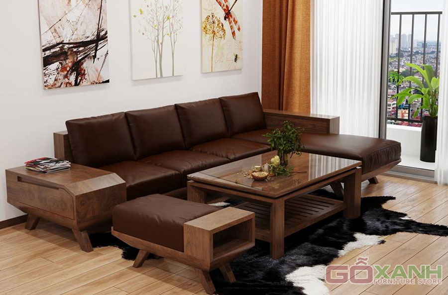 Ghế sofa gỗ sồi hình chữ L, sofa gỗ sồi tự nhiên cao cấp