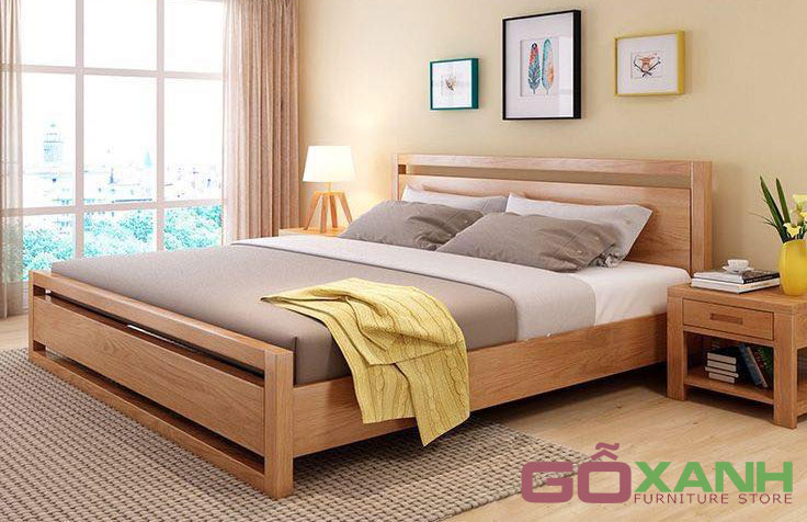 Giường ngủ gỗ sồi tự nhiên, bộ giường gỗ sồi hiện đại đẹp và sang